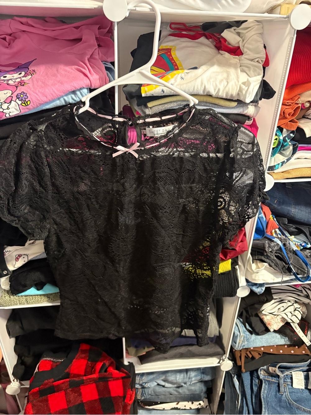 Sweet Rain Black Lace Short Sleeve Top with Pink Bow